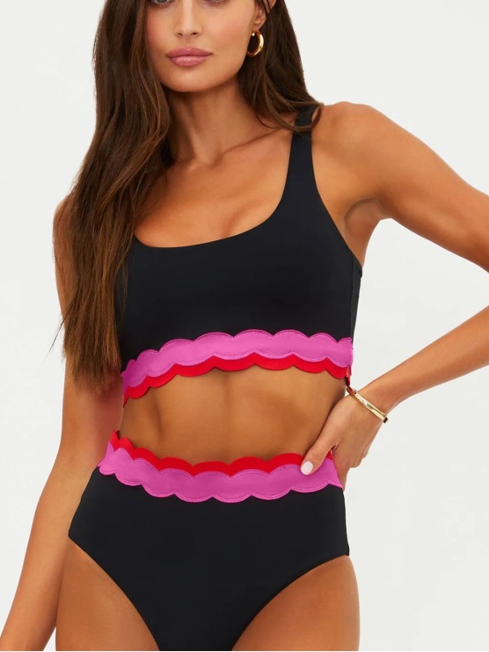 New! Beach Riot Harriet Scallop Bikini Swim Top Black Pink Red XL 34182